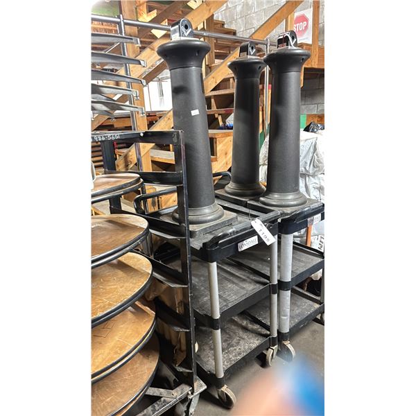 BLACK RUBBERMAID 3 TIER MOBILE COMMERCIAL PRODUCT CART WITH RUBBERMAID OUTDOOR CIGARETTE WASTE
