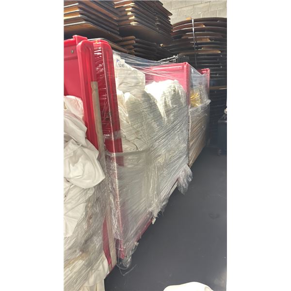 LARGE RED MOBILE PRODUCT CART WITH ASSORTED SIZE/LENGTH BANQUET LINENS *SOME USED, CART INCLUDED*