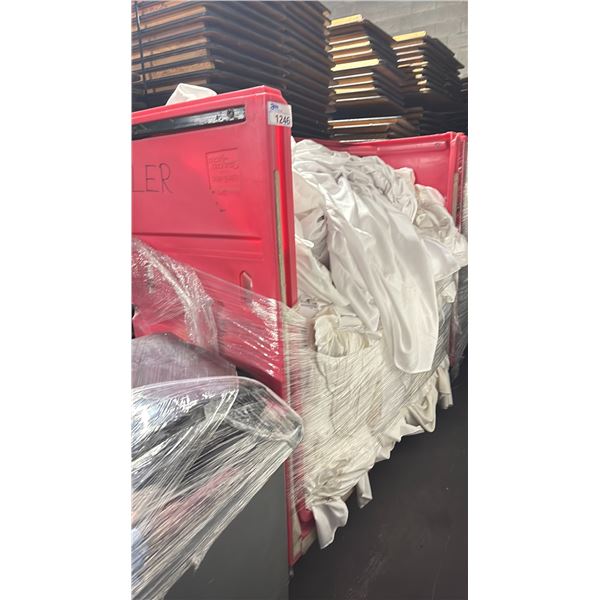 LARGE RED MOBILE PRODUCT CART WITH ASSORTED SIZE/LENGTH BANQUET LINENS *SOME USED, CART INCLUDED*