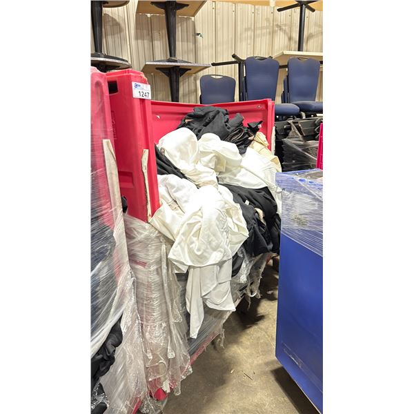 LARGE RED MOBILE PRODUCT CART WITH ASSORTED SIZE/LENGTH BANQUET LINENS *SOME USED, CART INCLUDED*