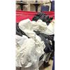 Image 2 : LARGE RED MOBILE PRODUCT CART WITH ASSORTED SIZE/LENGTH BANQUET LINENS *SOME USED, CART INCLUDED*
