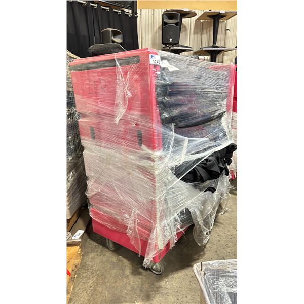 LARGE RED MOBILE PRODUCT CART WITH ASSORTED SIZE/LENGTH BANQUET LINENS & 4 COMMERCIAL OUTDOOR TENT