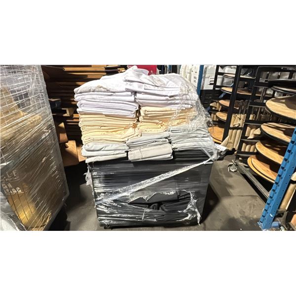 BLACK 2 TIER PRODUCT CART WITH ASSORTED SIZE/LENGTH BANQUET LINENS *SOME USED, CART INCLUDED*