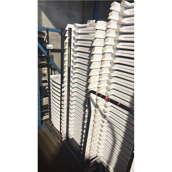 STACK OF 25 WHITE PLASTIC FOLDING EVENT CHAIRS ON MOBILE CHAIR CART *CART INCLUDED*