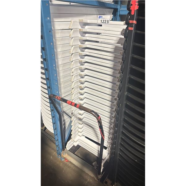 STACK OF 22 WHITE PLASTIC FOLDING EVENT CHAIRS ON MOBILE CHAIR CART *CART INCLUDED*