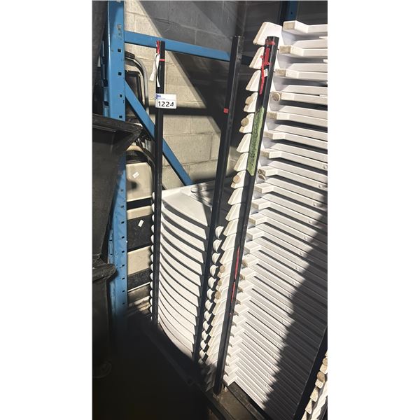 STACK OF 14 WHITE PLASTIC FOLDING EVENT CHAIRS ON MOBILE CHAIR CART *CART INCLUDED*