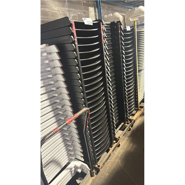 STACK OF 25 BLACK PLASTIC FOLDING EVENT CHAIRS ON MOBILE CHAIR CART *CART INCLUDED*