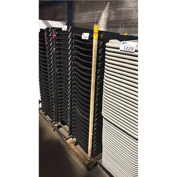 STACK OF 27 BLACK PLASTIC FOLDING EVENT CHAIRS ON MOBILE CHAIR CART *CART INCLUDED*