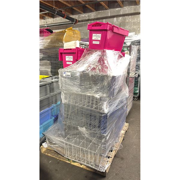 PALLET OF COMMERCIAL RESTAURANT PLASTIC DISH BINS, MULTI TIERED DESSERT STANDS, COAT HANGER HOLDERS,