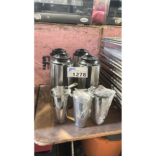 4 STAINLESS STEEL COMMERCIAL COFFEE CARAFES & 3 STAINLESS STEEL DRINK SHAKER/STRAINERS