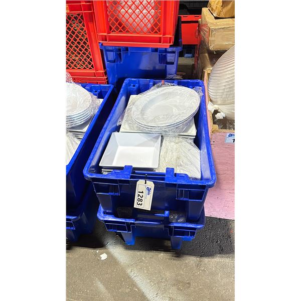2 BINS OF COMMERCIAL RESTAURANT WHITE 14" SQUARE SERVING PLATES, WHITE 9" SQUARE SALAD BOWLS & OVAL