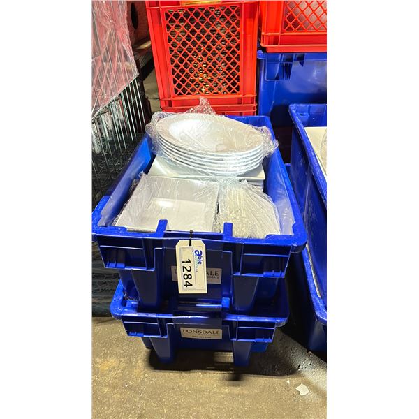 2 BINS OF COMMERCIAL RESTAURANT WHITE 14" SQUARE SERVING PLATES, WHITE 9" SQUARE SALAD BOWLS & OVAL