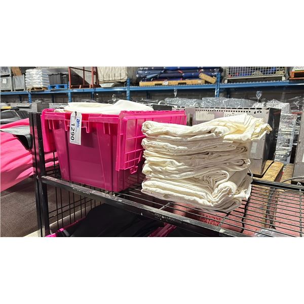 SHELF OF ASSORTED PROFESSIONAL EVENT / BANQUET TABLE LINENS IN LARGE FOLD TOP BINS *BINS INCLUDED*