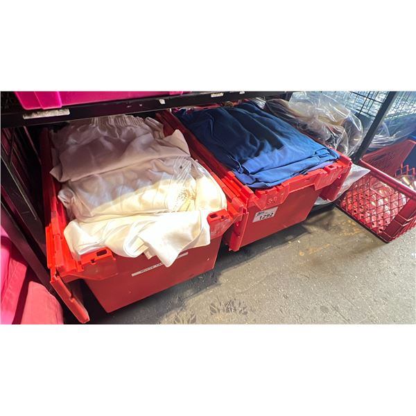 SHELF OF ASSORTED PROFESSIONAL EVENT / BANQUET TABLE LINENS IN LARGE FOLD TOP BINS *BINS INCLUDED*