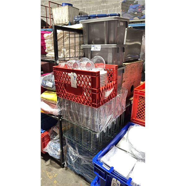 TRAYS OF COMMERCIAL RESTAURANT CLEAR VASES, CLEAR DRINK PITCHERS, CLEAR SQUARE VASES & WHITE 8"