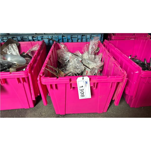 LARGE FOLD TOP BIN OF COMMERCIAL RESTAURANT STAINLESS STEEL SPATULAS, MEAT FORKS, ASSORTED