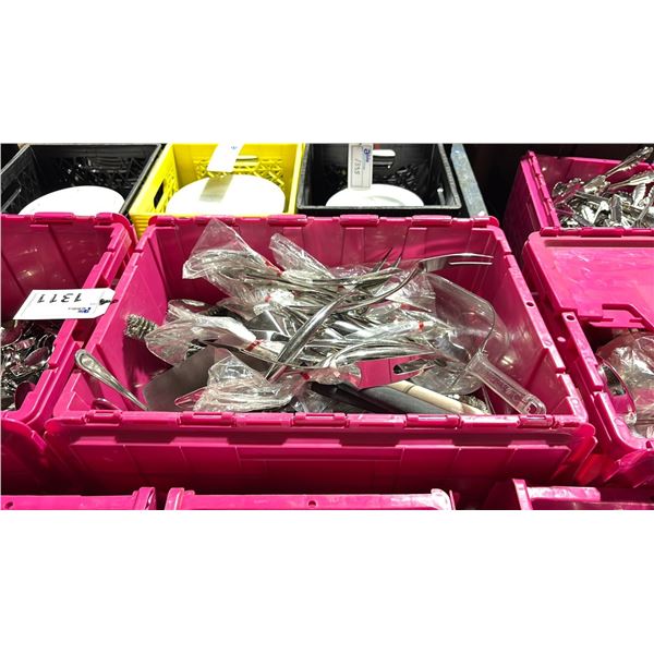 LARGE FOLD TOP BIN OF COMMERCIAL RESTAURANT MEAT FORKS, GRILL SCRUB BRUSHES, ICE SCOOPS &