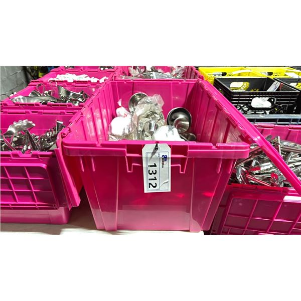 LARGE FOLD TOP BIN OF COMMERCIAL RESTAURANT STAINLESS STEEL SOUP LADLES, DIP CUPS, SOUP