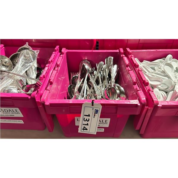 SMALL FOLD TOP BIN OF COMMERCIAL RESTAURANT STAINLESS STEEL SOUP LADLES, SPOONS & ASSORTED