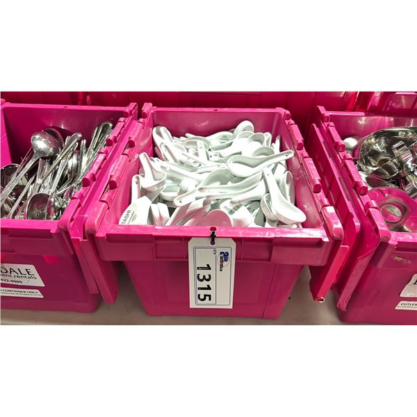 SMALL FOLD TOP BIN OF COMMERCIAL RESTAURANT WHITE SOUP SPOONS *BIN INCLUDED*