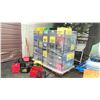 Image 1 : 5 BLACK METAL ADJUSTABLE STORAGE SHELVES WITH ASSORTED EMPTY CRATES/BINS