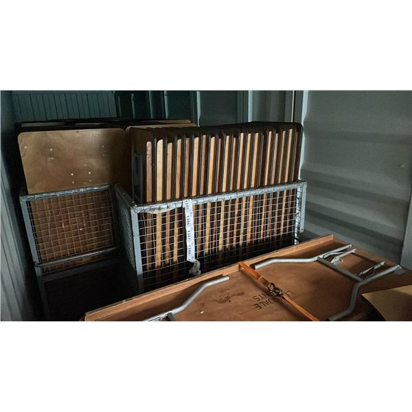 METAL MOBILE TRANSPORT CART WITH 20 6'L WOODEN COMMERCIAL EVENT / BANQUET FOLDING TABLES
