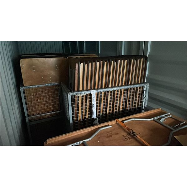 METAL MOBILE TRANSPORT CART WITH 20 6'L WOODEN COMMERCIAL EVENT / BANQUET FOLDING TABLES