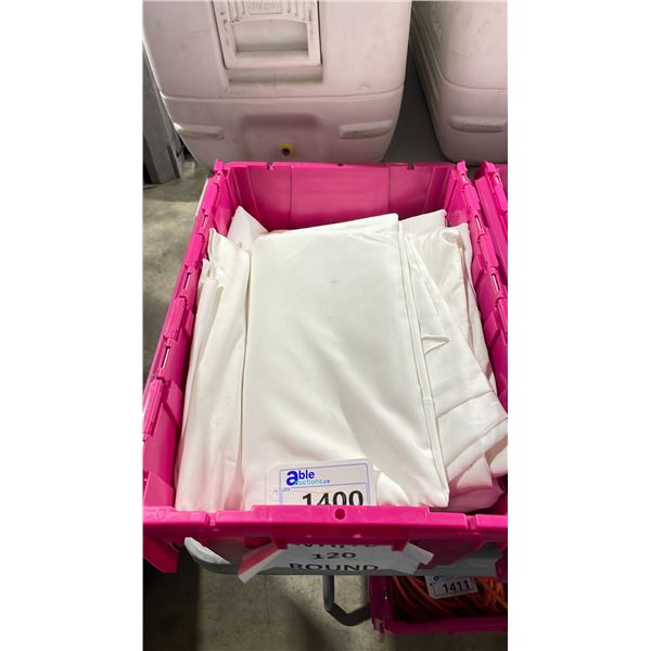 LARGE FOLD TOP BIN OF WHITE 120" ROUND EVENT/ BANQUET TABLE LINENS *BIN INCLUDED*