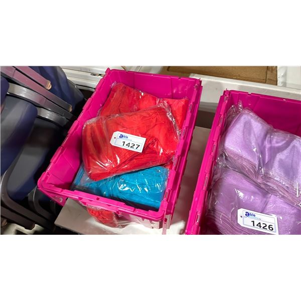 LARGE FOLD TOP BIN OF EVENT/ BANQUET CHAIR ORGANZA FABRIC ( RED, BLUE )  *BIN INCLUDED*
