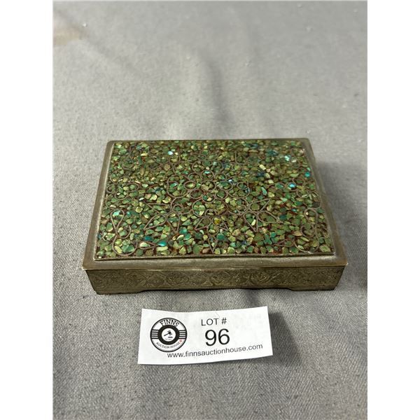 Interesting Vintage Metal Trinket Hinged Lid Box w/ Confetti Turquoise Inlaid. Approx. 5" x 4" x 1"