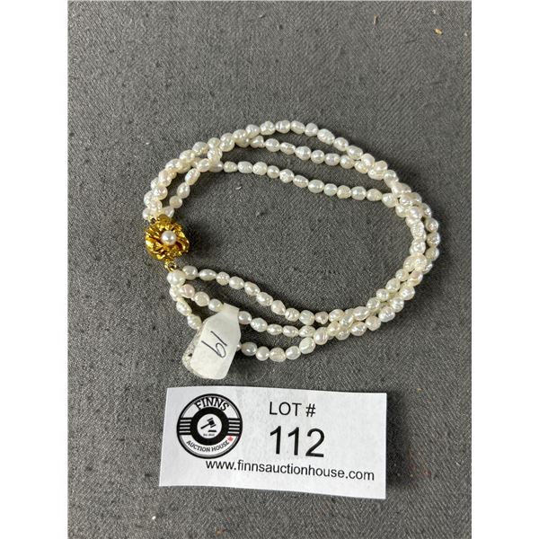 Quality Triple Strand Genuine Pearl Gold Plated Bracelet. Approx. 6"L