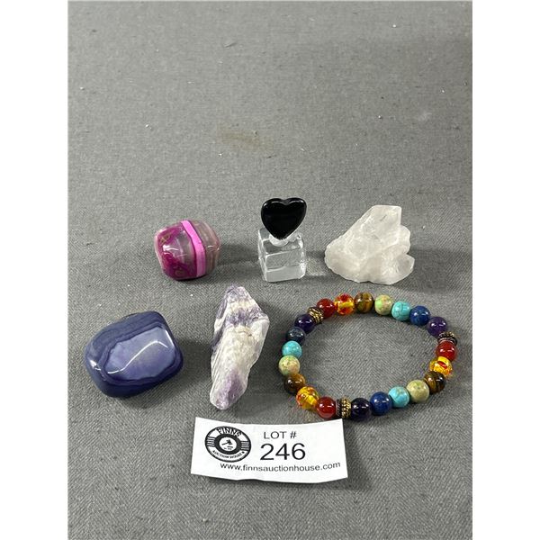 Nice Assortment Of Polished Rocks & Crystals Including Stone Bracelet