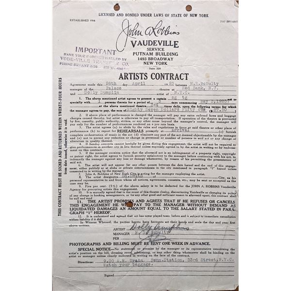 Dolly Dumplin Signed Vaudeville Artists Contract