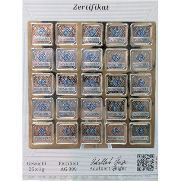 Lot 3-1) 25x1g geiger silver mini bars