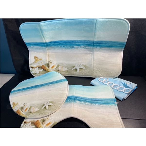 4PC Seaside/Beach Theme Bathroom Mat Set - Includes Shower Curtain, 2 Mats, and Toilet Lid Cover