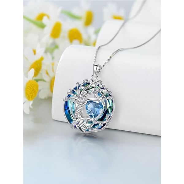 1 Tree of Life Necklace for Women- 925 Sterling Silver w/ Crystal Birthstone Pendant (Turquoise) New