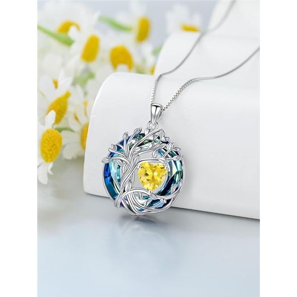 1 Tree of Life Necklace for Women - 925 Sterling Silver w/ Crystal Birthstone Pendant (Citrine) New