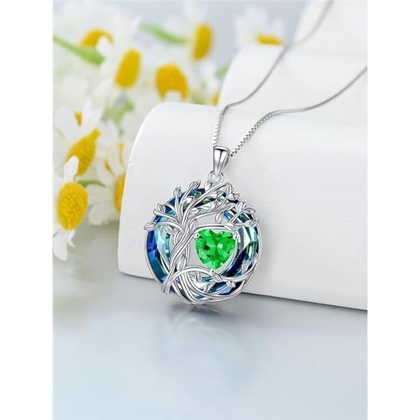 1 Tree of Life Necklace for Women - 925 Sterling Silver w/ Crystal Birthstone Pendant (Emerald) New