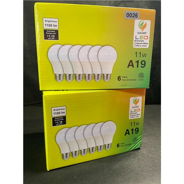 2 Boxes of LED Lightbulbs - 6 Per Box/12 Bulbs Total - 11W A19; Standard E26 Base - New