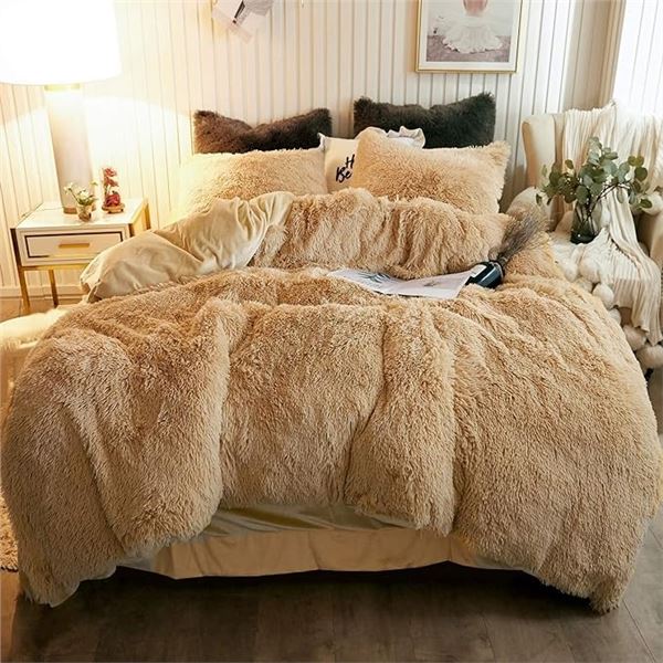 1 XeGe Fluffy/Shaggy Faux-Fur Duvet Cover Set - Queen Size - Beige - Brand New!