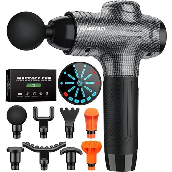 Raemao X6 Carbon Handheld Deep-Tissue Percussion Massage Gun w/ 15 Interchangeable Heads - NEW