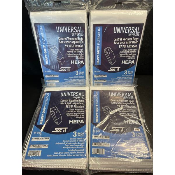 4 Packs of Universal Central Vacuum Bags - Heavy Duty Filtration - New - 3 Bags Per Pack