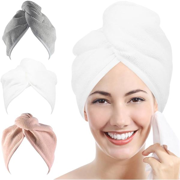 2 Multi-Packs of Ultra Plush Microfiber Hair Towel Wraps - 3 Per Pack (Grey,White,Peach) - 10" x 26"