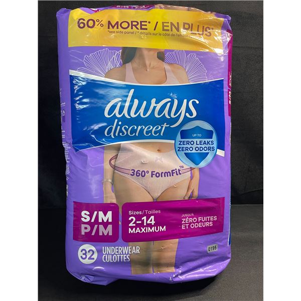 1 Pack of Always Discreet Leakproof Underwear for Women - 32pcs - S/M (Sizes 2-14) - New