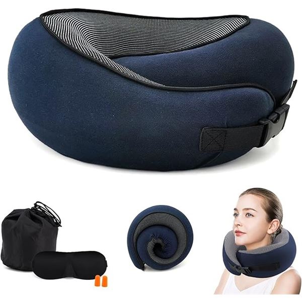 2 Flyhugz Ergonomic Memory Foam Neck Pillows - Great for Travel, Car, Office, etc. - Blue - New