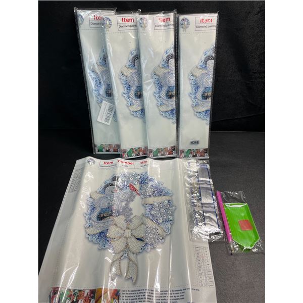 5 Diamond Art/Diamond-Dot Painting Kits - Winter/Snowman Wreath Design - Brand New