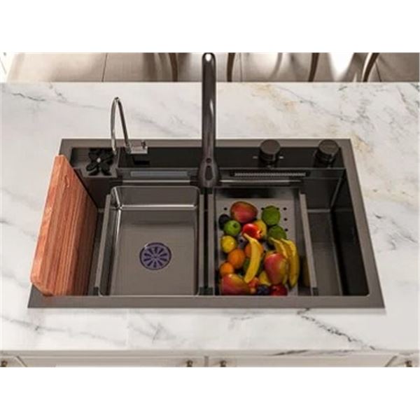 1 MEJE Modern Waterfall Faucet Workstation Kitchen Sink - Stainless Steel w/ Honeycomb Bottom - NEW
