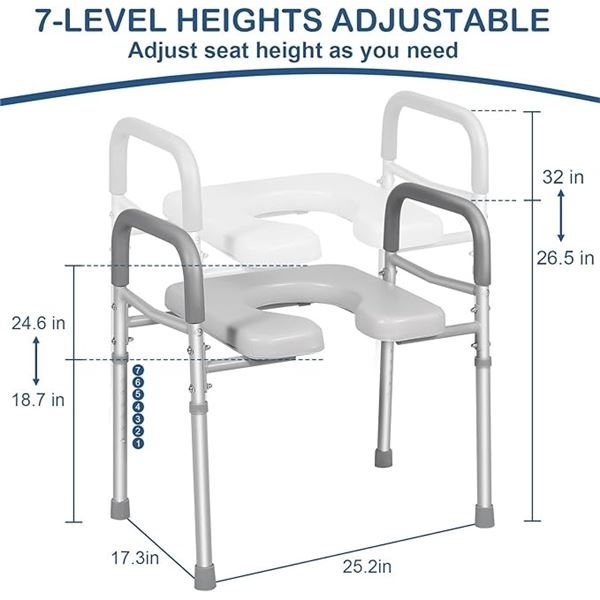 1 Adjustable Toilet Seat Riser for Seniors/Mobility Aid Raised Toilet Seat with Handles; New in Box