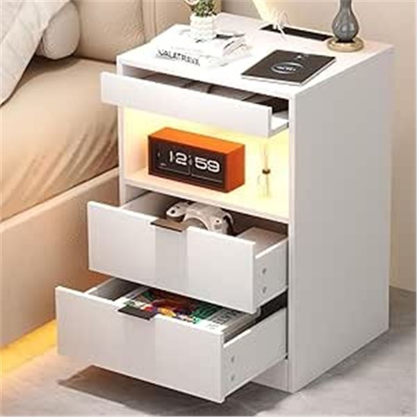 Yusong LED Nightstand/Bedside Table w/ Charging Station, 2 Drawers & LED Lights - White Wood - NEW