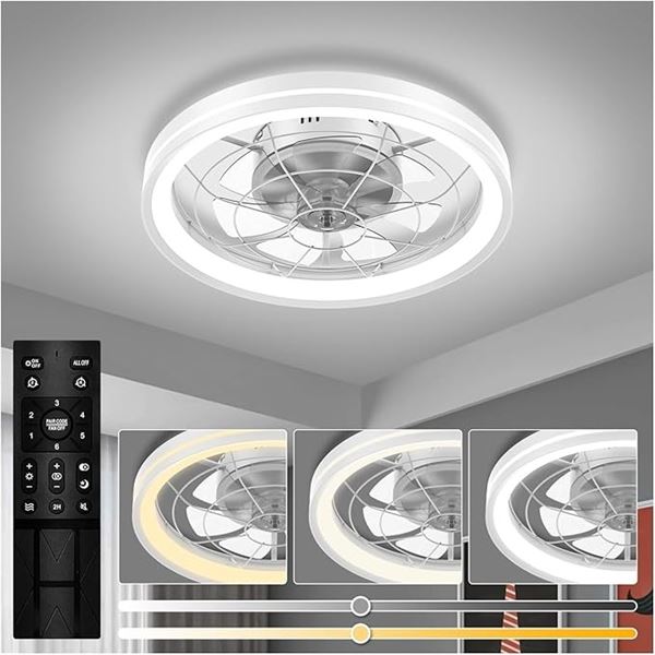 1 Flush Mount 20" White Low-Profile Modern Ceiling Fan Light with Remote - 6 Wind Speeds - NEW